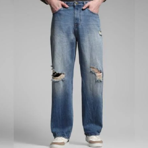 Men Light-Wash Distress Wide Jeans For Men