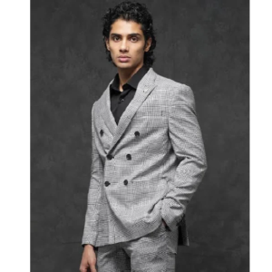 Mens Savyy Grey Polyester Viscose Fabric Peak Lapel Button Closure Double Breasted Houndstooth Check Suits